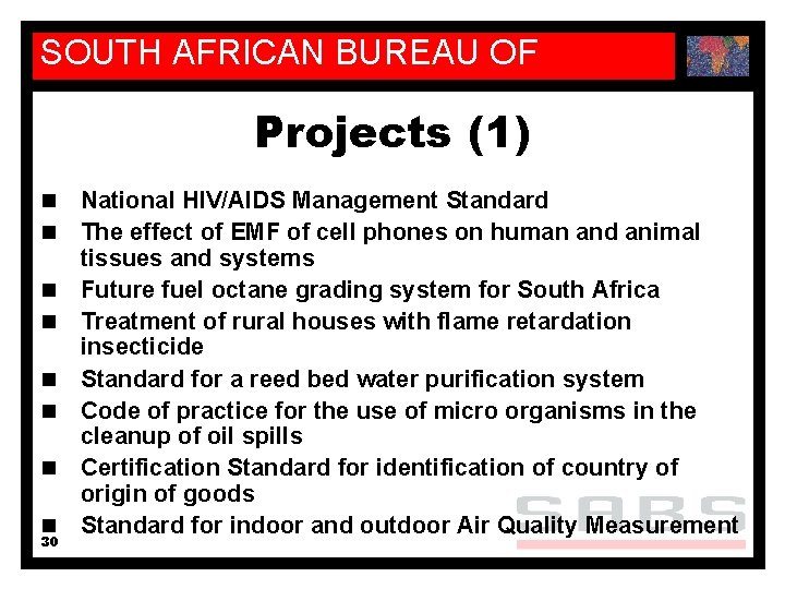 SOUTH AFRICAN BUREAU OF STANDARDS Projects (1) n n n n 30 National HIV/AIDS