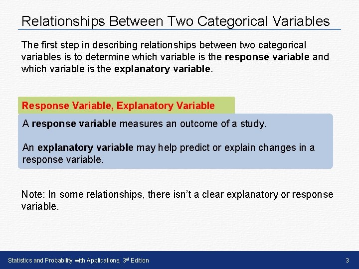 Relationships Between Two Categorical Variables The first step in describing relationships between two categorical