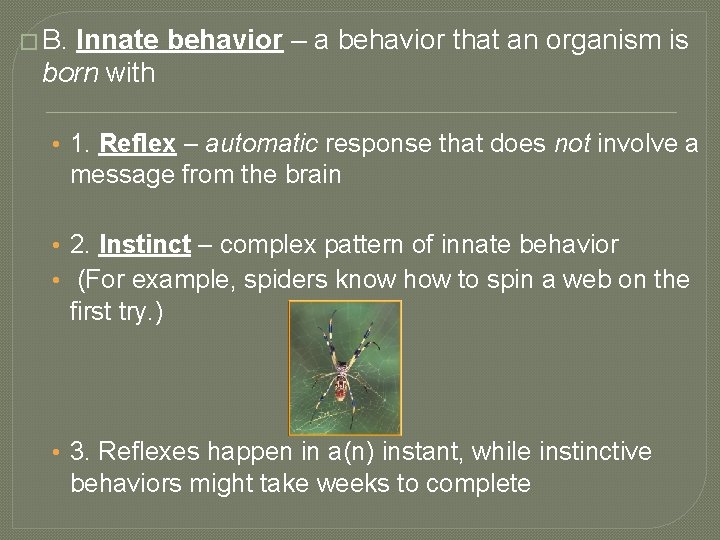 � B. Innate behavior – a behavior that an organism is born with •