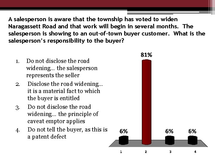 A salesperson is aware that the township has voted to widen Naragassett Road and
