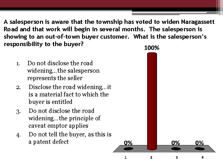 A salesperson is aware that the township has voted to widen Naragassett Road and
