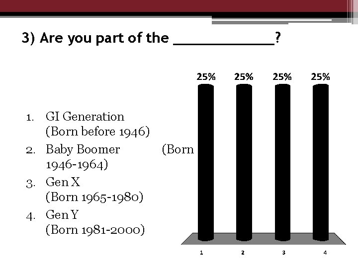 3) Are you part of the ______? 1. GI Generation (Born before 1946) 2.
