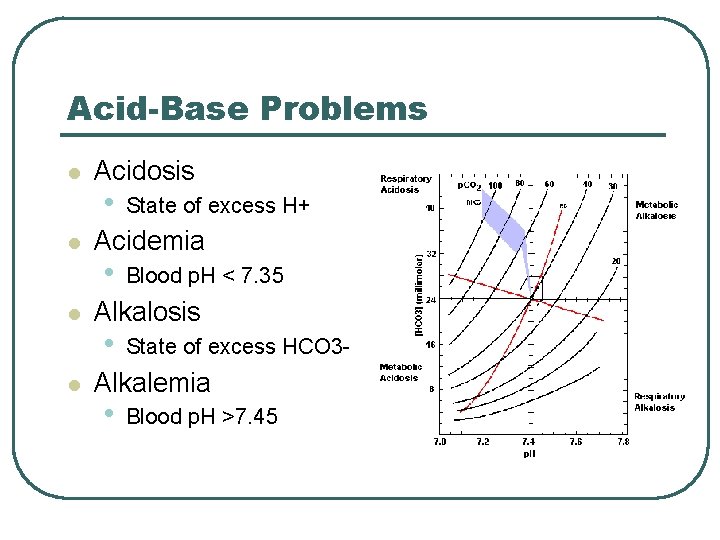 Acid-Base Problems l l Acidosis • State of excess H+ Acidemia • Blood p.