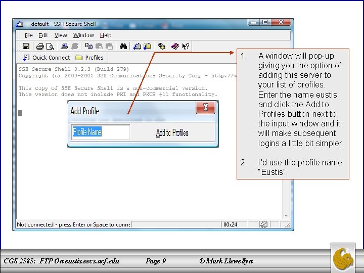 CGS 2585: FTP On eustis. eecs. ucf. edu Page 9 1. A window will