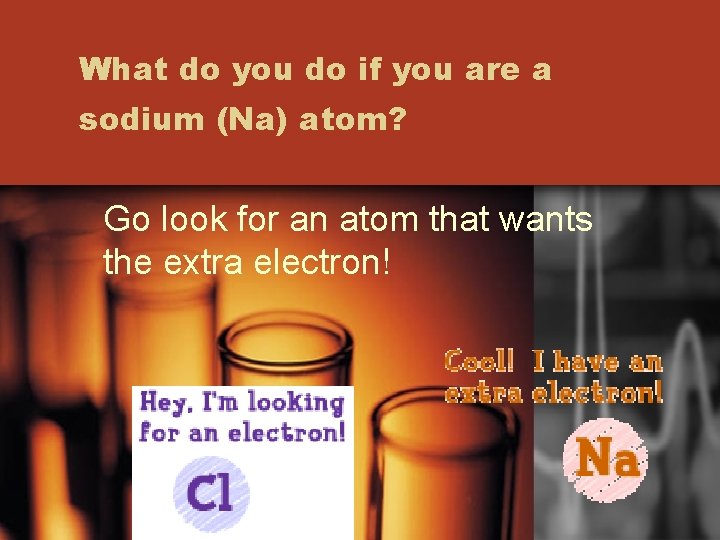 What do you do if you are a sodium (Na) atom? Go look for