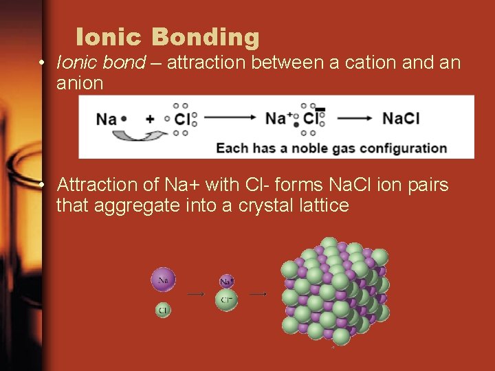Ionic Bonding • Ionic bond – attraction between a cation and an anion •