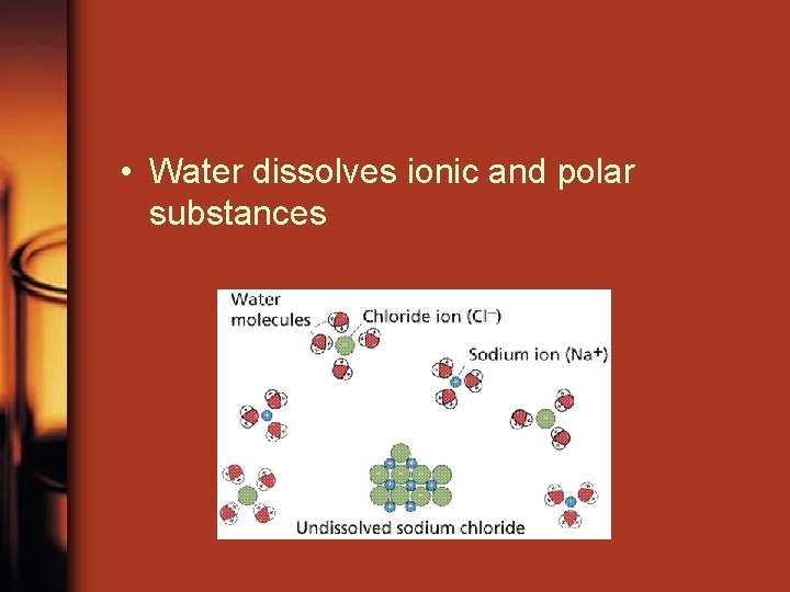  • Water dissolves ionic and polar substances 