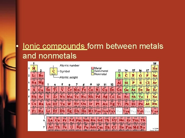  • Ionic compounds form between metals and nonmetals 