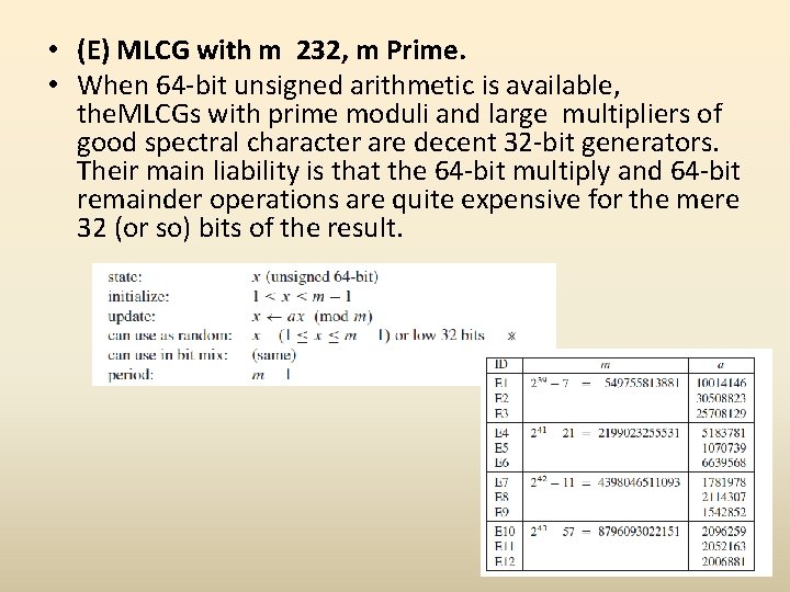  • (E) MLCG with m 232, m Prime. • When 64 -bit unsigned