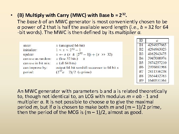  • (B) Multiply with Carry (MWC) with Base b = 232. The base