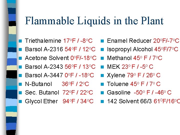 Flammable Liquids in the Plant n n n n Triethalemine 17 o. F /