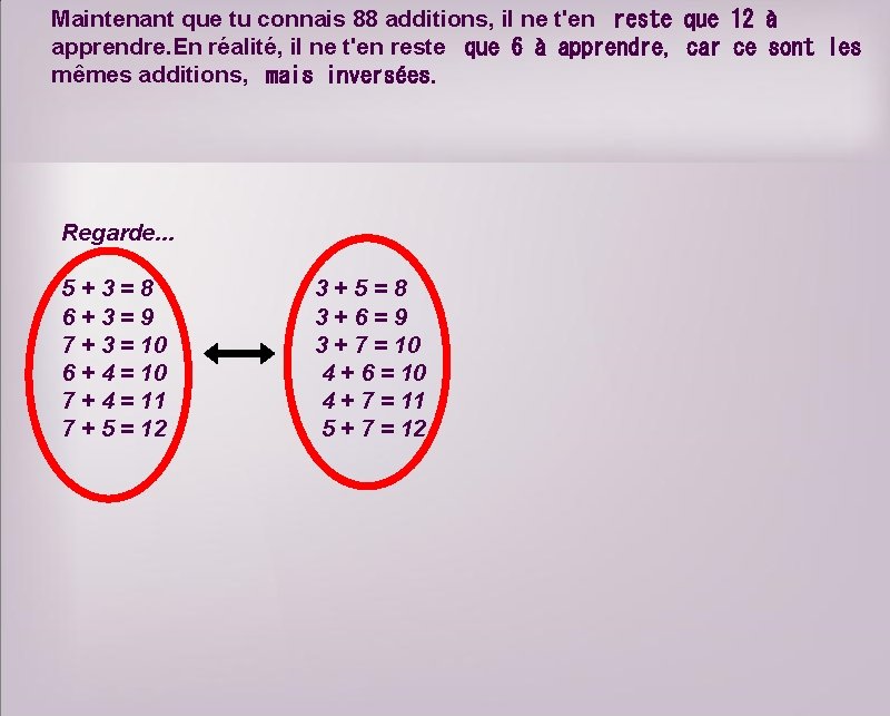 Maintenant que tu connais 88 additions, il ne t'en reste que 12 à apprendre.