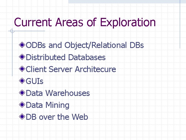 Current Areas of Exploration ODBs and Object/Relational DBs Distributed Databases Client Server Architecure GUIs Current Areas of Exploration ODBs and Object/Relational DBs Distributed Databases Client Server Architecure GUIs