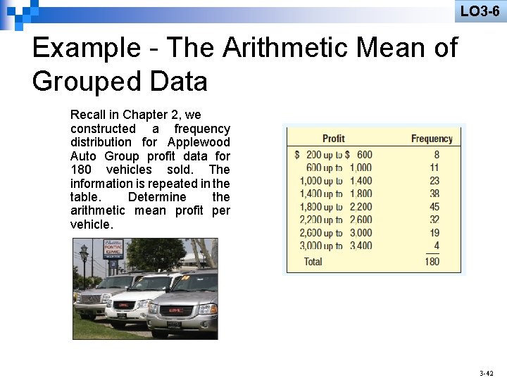 LO 3 -6 Example - The Arithmetic Mean of Grouped Data Recall in Chapter