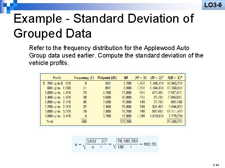 LO 3 -6 Example - Standard Deviation of Grouped Data Refer to the frequency