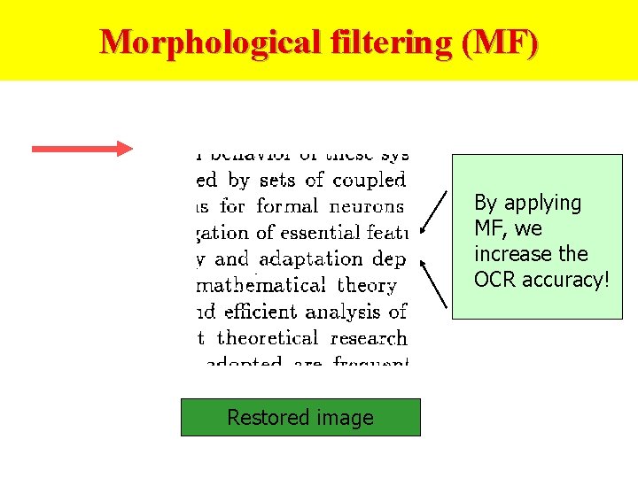 Morphological filtering (MF) By applying MF, we increase the OCR accuracy! Restored image 