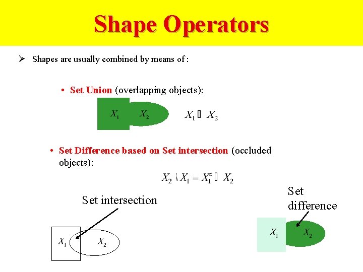 Shape Operators Ø Shapes are usually combined by means of : • Set Union