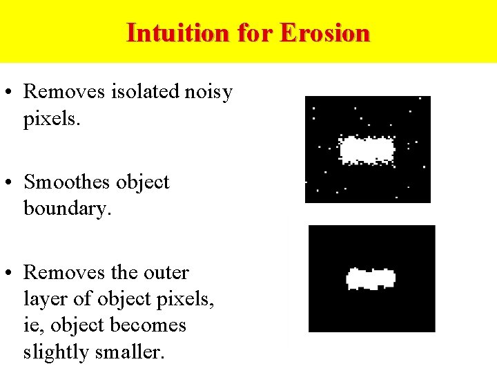Intuition for Erosion • Removes isolated noisy pixels. • Smoothes object boundary. • Removes