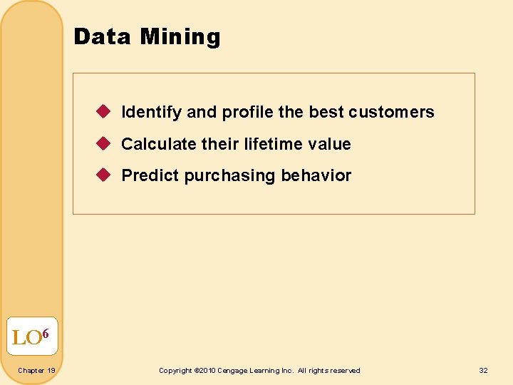 Data Mining u Identify and profile the best customers u Calculate their lifetime value