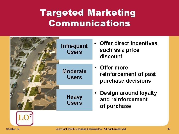 Targeted Marketing Communications Infrequent Users • Offer direct incentives, such as a price discount