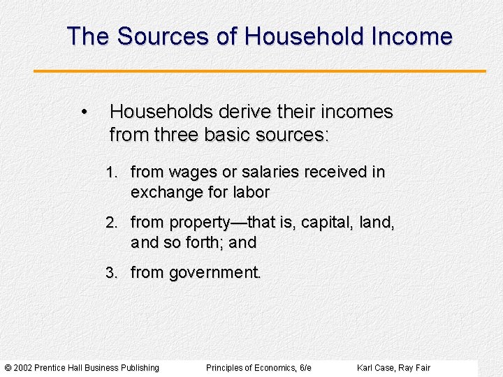 The Sources of Household Income • Households derive their incomes from three basic sources: