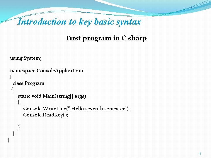 Introduction to key basic syntax First program in C sharp using System; namespace Console. Introduction to key basic syntax First program in C sharp using System; namespace Console.