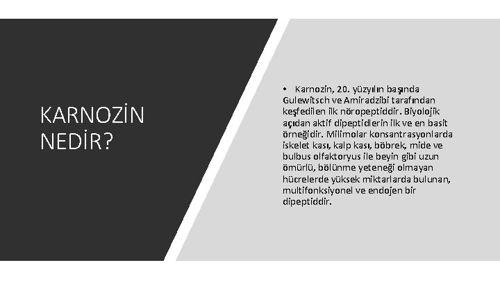 KARNOZİN NEDİR? • Karnozin, 20. yüzyılın başında Gulewitsch ve Amiradzibi tarafından keşfedilen ilk nöropeptiddir.