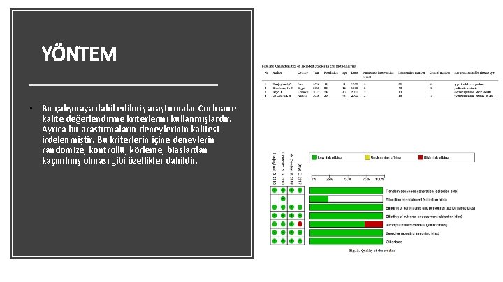 YÖNTEM • Bu çalışmaya dahil edilmiş araştırmalar Cochrane kalite değerlendirme kriterlerini kullanmışlardır. Ayrıca bu