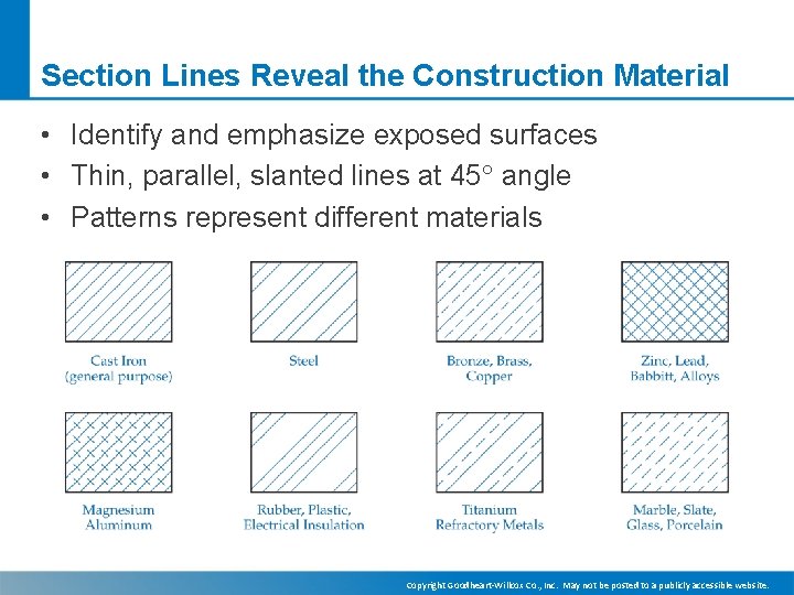 Section Lines Reveal the Construction Material • Identify and emphasize exposed surfaces • Thin,