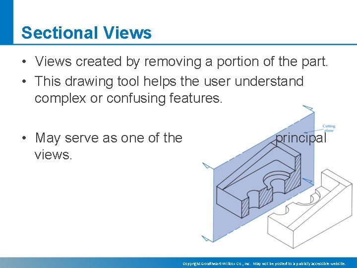 Sectional Views • Views created by removing a portion of the part. • This