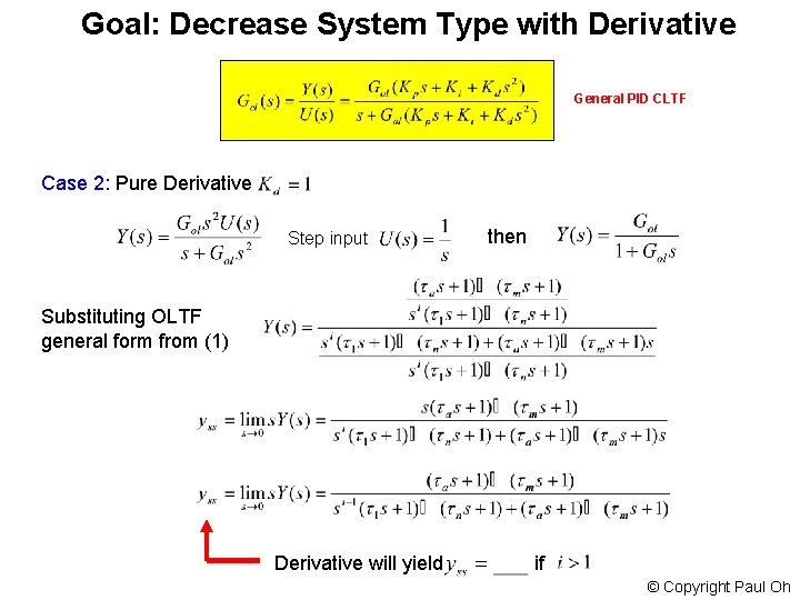 Goal: Decrease System Type with Derivative General PID CLTF Case 2: Pure Derivative Step