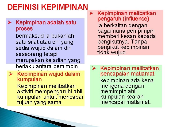 DEFINISI KEPIMPINAN Ø Kepimpinan adalah satu proses bermaksud ia bukanlah satu sifat atau ciri