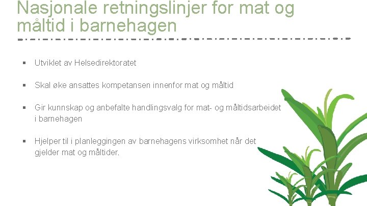 Nasjonale retningslinjer for mat og måltid i barnehagen § Utviklet av Helsedirektoratet § Skal