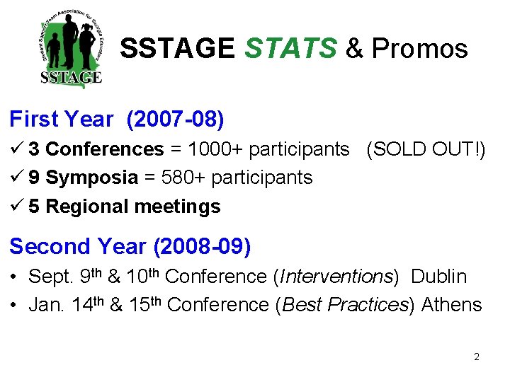 SSTAGE STATS & Promos First Year (2007 -08) ü 3 Conferences = 1000+ participants
