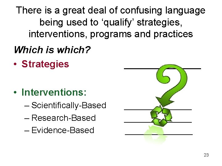 There is a great deal of confusing language being used to ‘qualify’ strategies, interventions,