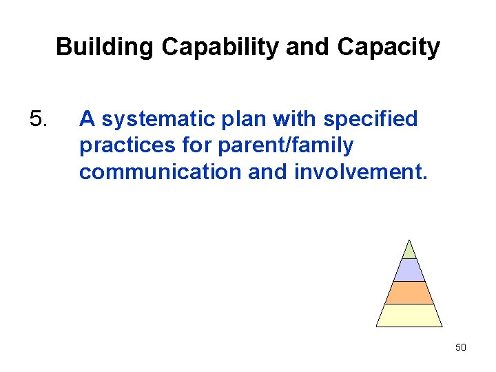 Building Capability and Capacity 5. A systematic plan with specified practices for parent/family communication