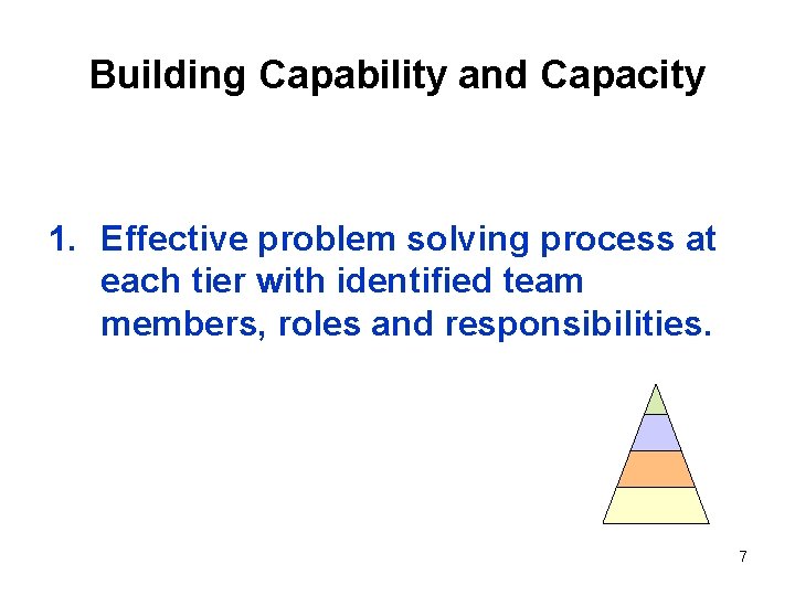 Building Capability and Capacity 1. Effective problem solving process at each tier with identified