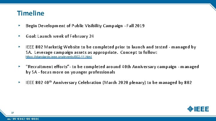 Timeline ▸ Begin Development of Public Visibility Campaign - Fall 2019 ▸ Goal: Launch