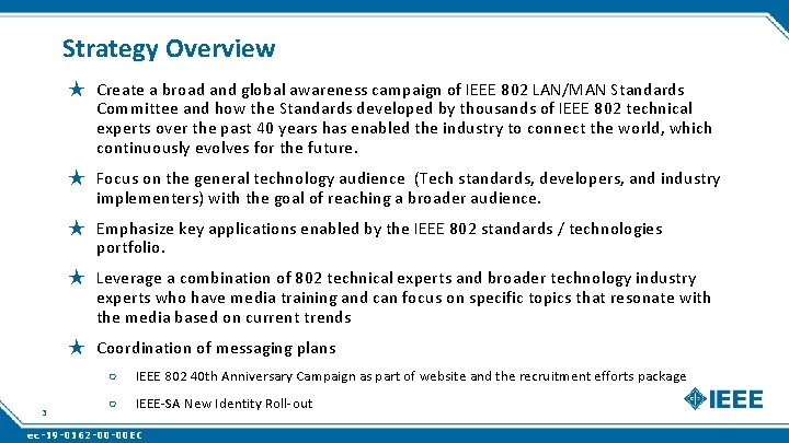 Strategy Overview ★ Create a broad and global awareness campaign of IEEE 802 LAN/MAN