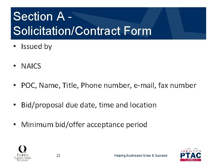 Section A Solicitation/Contract Form • Issued by • NAICS • POC, Name, Title, Phone