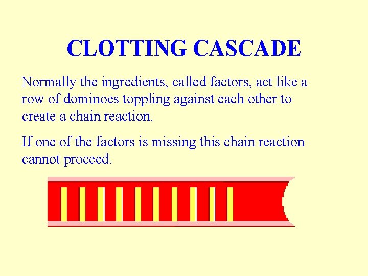 CLOTTING CASCADE Normally the ingredients, called factors, act like a row of dominoes toppling