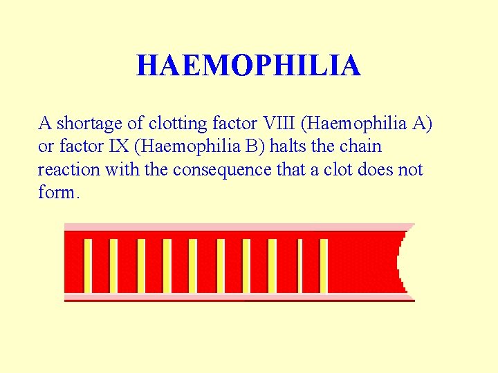 HAEMOPHILIA A shortage of clotting factor VIII (Haemophilia A) or factor IX (Haemophilia B)