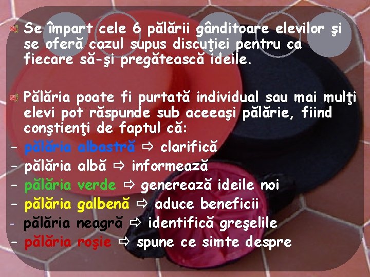 Se împart cele 6 pălării gânditoare elevilor şi se oferă cazul supus discuţiei pentru