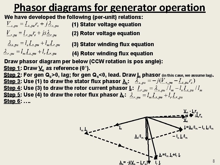 Phasor diagrams for generator operation We have developed the following (per-unit) relations: (1) Stator