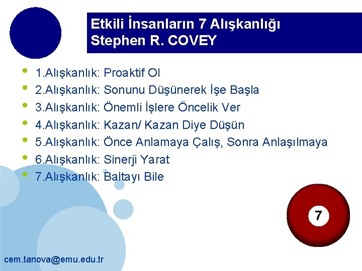 Etkili İnsanların 7 Alışkanlığı Stephen R. COVEY • • 1. Alışkanlık: Proaktif Ol 2.