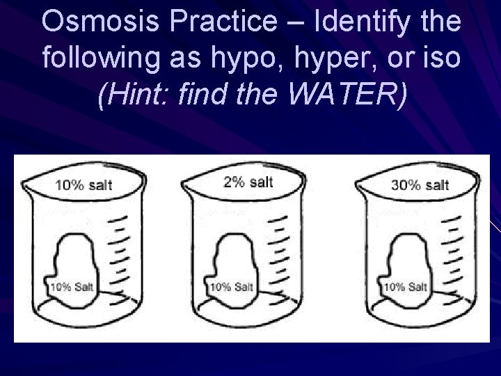 Osmosis Practice – Identify the following as hypo, hyper, or iso (Hint: find the