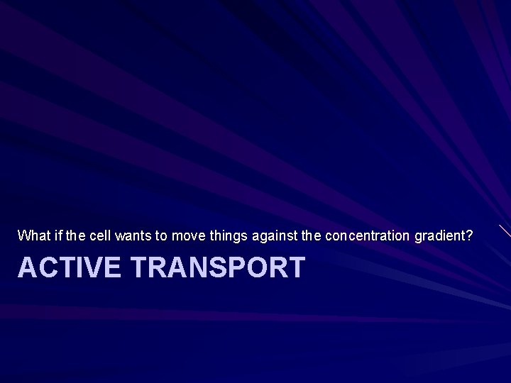 What if the cell wants to move things against the concentration gradient? ACTIVE TRANSPORT