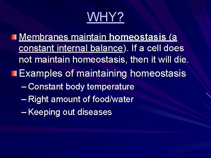 WHY? Membranes maintain homeostasis (a constant internal balance). If a cell does not maintain