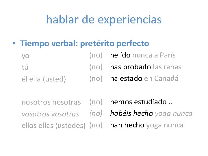 hablar de experiencias • Tiempo verbal: pretérito perfecto yo tú él ella (usted) (no)