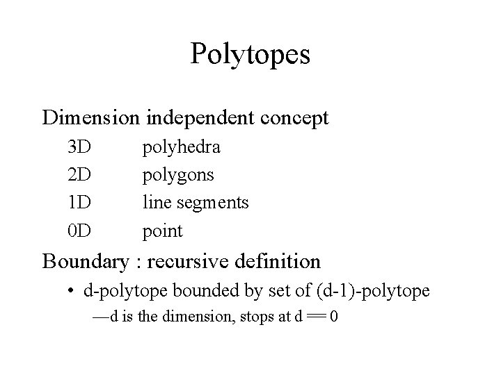 Polytopes Dimension independent concept 3 D 2 D 1 D 0 D polyhedra polygons